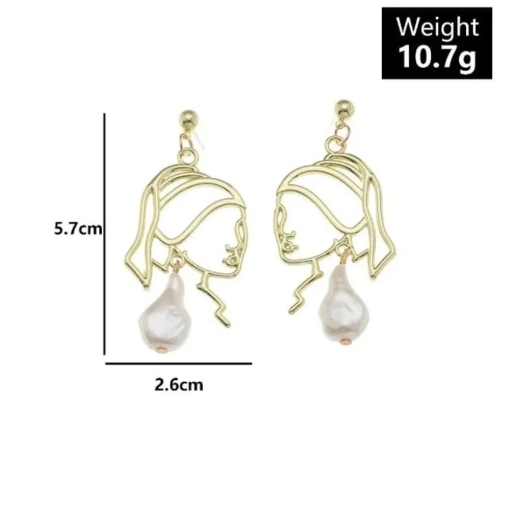 Abstract Gold Line Face Earrings with Baroque Pearl Drop Artistic Statement new - Picture 3 of 7
